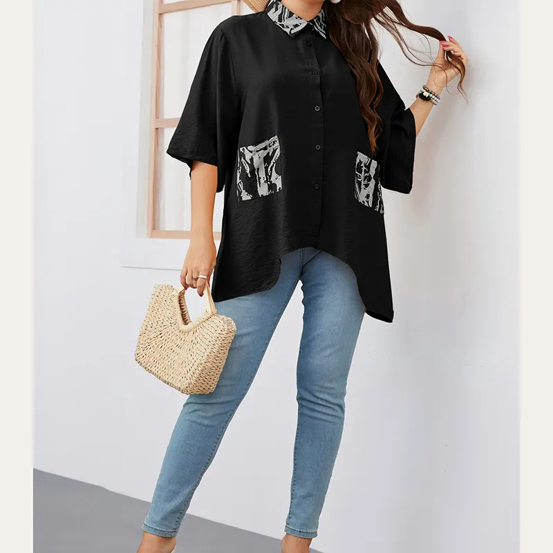 Venta al por mayor elegante de espalda larga, blusa de talla grande de las mujeres Casual bordado camisas delanteras Cortas/