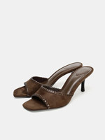 ZA2026 Nouvelles Chaussures Femme Printemps-Été Marron Rétro à Bordure Carrée, Talon Haut, Mules Amincissantes à Bout Ouvert