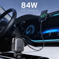 Chargeur de voiture rétractable 4-en-1 84W avec PD 45W, QC, PPS, rangement latéral des câbles, câbles de 75 cm, adaptateur de charge rapide pour voiture