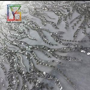 새로운 고급 프랑스산 실버 웨딩 신부용 유리 비즈 레이스와 스팽글 자수 튤 레이스 드레스 원단 - Product Image 3