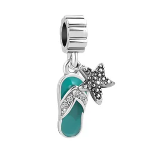 Bán Buôn Bãi Biển Châu Âu Quyến Rũ 925 Sterling Silver Starfish Flip Flop Dép Dangle Charm Hạt Trang Sức