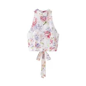 Ensemble 2 pièces décontracté pour femme : débardeur court à col rond imprimé floral avec nœud au dos et jupe blanche à taille élastique - Product Image 2