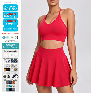 Ensemble de tennis 2 pièces ajustable pour femme : soutien-gorge de sport à col en V et jupe-short évasée taille haute anti-exposition – Tenue athlétique quotidienne pour le golf et le yoga - Product Image 1