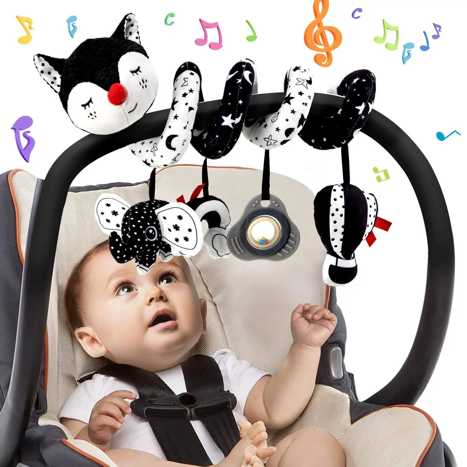 Schwarz-Weiß-Wohnwagen-Baby-Spiral-Plüsch-Aktivitätsspielzeug Autositz-Spielzeug Neugeborenes sensorische hängende Rassel-Spielzeug für Krippe Mobil