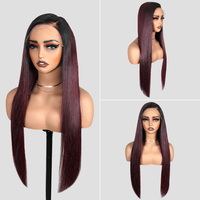 Wig rambut manusia tanpa lem lurus T1B/99J, Wig rambut manusia Ombre merah marun, kepadatan penuh & pakaian tahan lama