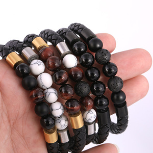 Natural Stone Beaded <b>Leather</b> <b>Bracelet</b> | Handmade Braided Genuine <b>Leather</b> with Magnetic PVD Gold Clasp | Men's Fashion Jewelry - Product Image 5