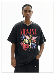 T-shirt a maniche corte in puro cotone pesante, lavata, con stampa trendy, stile rock americano vintage, per il commercio transfrontaliero - Product Image 6