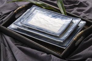 Premium 8 Inch Blue Line <strong>Rectangular</strong> Melamine <strong>Plate</strong> Eco-Friendly <strong>Plastic</strong> Food <strong>Serving</strong> Dish for Sushi Vegetable Dessert Dinner - Product Image 4