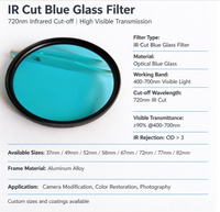 Filtre de reprise de couleur pour caméra, verre bleu BG39 à haute transmission, filtre anti-IR, 37mm 49mm 52mm 58mm 67mm 72mm 77mm 82mm