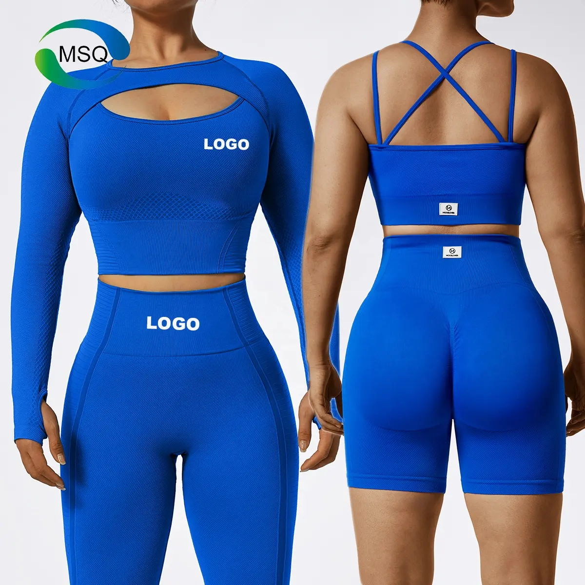 Benutzer definierte Active wear Gym Fitness-Sets Marmor Tie Dye nahtlose Langarm Top Sport BH Scrunch Butt Shorts Workout-Set für Frauen