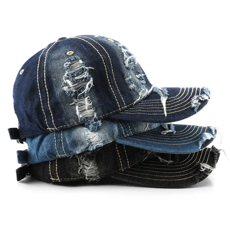 Outdoor Travel Hat Man Personal isierte gewaschene Frauen Verstellbare Ripped Denim Baseball Cap