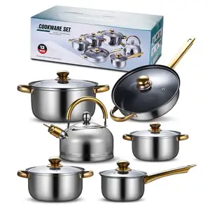 Alta Qualidade Antiaderente, Cozinha Cozinhar Panelas Ware Panelas Conjunto Golden Handle Conjunto De Panelas De Aço Inoxidável/