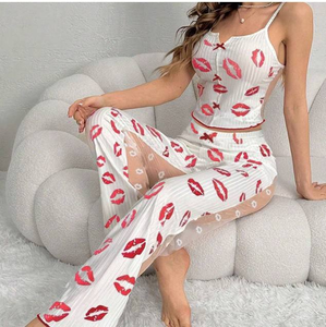 I-0537 Women's Summer Sleepwear Solid Chiffon Polyester Pajamas <b>Sets</b> Breathable Elastic Waist High Rise Short Sleeves Front Full - Product Image 4