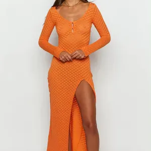 Custom Summer Vacation Beach Dress Sexy Long-Sleeved Slit Long Hollow Knitted Dress For Women