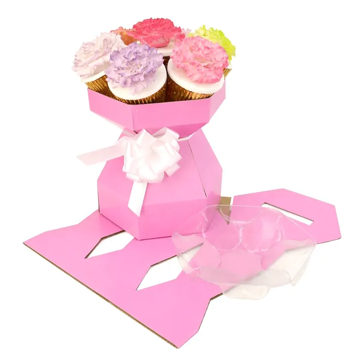 ขายส่งที่กำหนดเองกล่องบรรจุภัณฑ์สีชมพูลูกอมดอกไม้ของขวัญหกคัพเค้กช่อกล่องที่มีถาดไม้วีซี