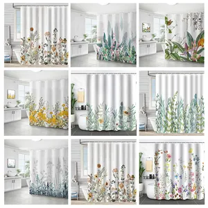 Folding Waterproof Fabric Toilet Shower Curtains Green Flower Waterproof Polyester Shower Curtain White Washable For Bathroom