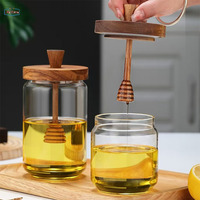 Dispensador de tarros de miel de vidrio con tapa de madera y cucharón, contenedor de miel de 17oz, olla para jarabe, mermelada, gelatina, almacenamiento de cocina para el hogar