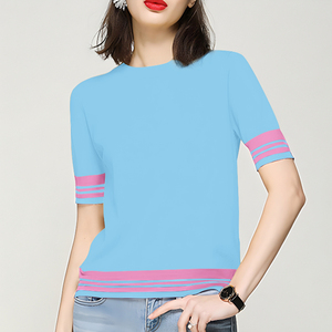 Maglione Pullover Casual in maglia da <span class=keywords><strong>donna</strong></span> con scollo a a righe rosa e verde per l'estate - Product Image 4