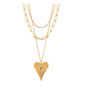 Collar con Colgante de Corazón Texturizado con Ojo Turco, Chapado en Oro de 18K |   Cadena de Acero Inoxidable en Capas con Símbolo Protector - Product Image 1