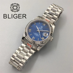 BLIGER 36mm/39mm <span class=keywords><strong>Montre</strong></span> Mécanique Homme avec Mouvement NH35 <span class=keywords><strong>Bracelet</strong></span> Président Lunette Cannelée Verre Saphir Bleu/Noir/Vert/Blanc - Product Image 2