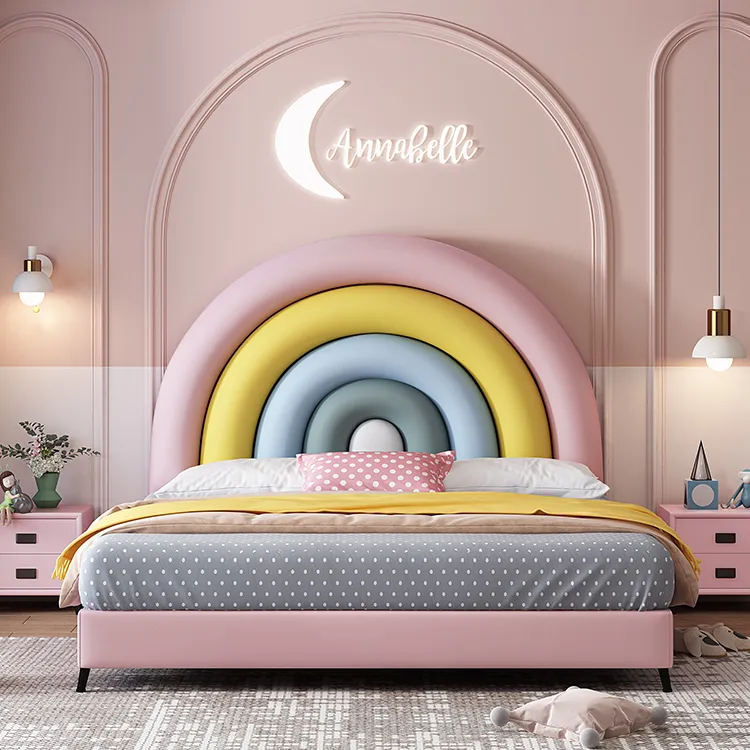 Cama moderna minimalista para niños, mueble de dormitorio con diseño de arcoíris de dibujos animados, con tecnología de tela cálida