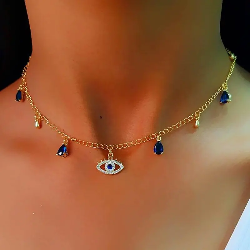 European And American Fashion Gold Plated Crystal Devil Eye Pendant Necklace Blue Evil Eye Necklace For Women