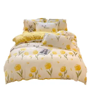 Edredão inverno Algodão engroçado Leite Veludo Quilt Cover Bed Seets Bedding Set Quatro peças Double-sided Plush Flanela Set