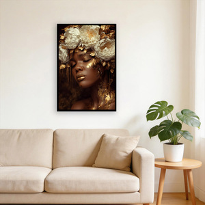 Peinture sur toile abstraite moderne de femme noire avec feuille d'or, art mural glamour de dame américaine pour la décoration du salon et de la chambre - Product Image 1