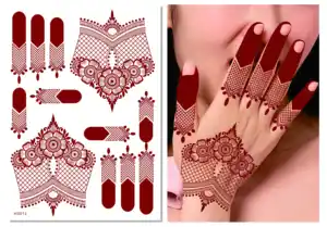 Hot Sale Henna Art Tatoo Sticker Maroon Both Hands Mehndi Design Waterproof Temporary Tattoo