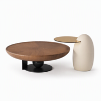 Ensemble de table basse ronde en noyer et table d'appoint crème avec support sphérique en métal et table d'appoint en verre ambré pour salon