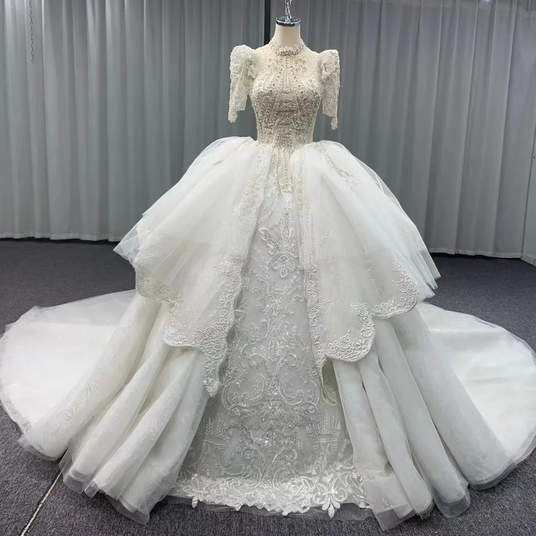 Feishiluo lüks boncuk düğün balo kısa kollu Glitter boncuk dantel gelin elbiseleri önlük katedral tren düğün elbisesi