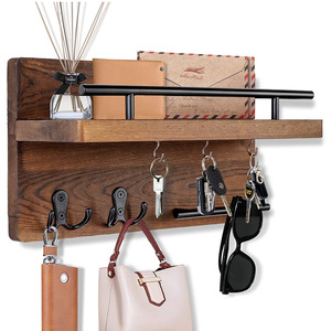 Hirohiro Solid <b>Wood</b> Key Rack Wall Mounted <b>Rustic</b> Style With Shelf For Entryway Storage - Product Image 1