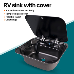 Évier <span class=keywords><strong>pour</strong></span> <span class=keywords><strong>camping</strong></span>-<span class=keywords><strong>car</strong></span>, caravane, bateau, cuisine, en acier inoxydable gris foncé avec couvercle en verre trempé et robinet pliable - Product Image 3