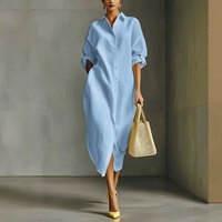 Robe midi ample à manches longues style chemise 2026 avec col et manches retroussables, ourlet fendu pour femme