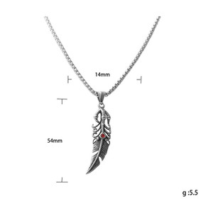 <b>Feather</b> Pendant <b>Necklace</b> Men's Stainless Steel Red Crystal Bezel Setting Retro Punk Style Everyday Wear 120109 - Product Image 5