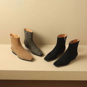 Botines Cortos de Gamuza Vintage para Niños Cialisa 2025, Zapatos Nuevos con Punta Cuadrada, Botines de <span class=keywords><strong>Mujer</strong></span> con Cremallera y Tacón Bajo Cómodos, Tallas 42, Color Albaricoque - Product Image 4