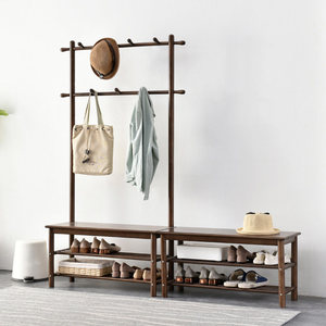 Shoe <b>Rack</b> With Coat Hanger Solid Wood Entryway Storage <b>Bench</b> For Shoes And Clothes Multifunctional Standing Furniture - Product Image 3