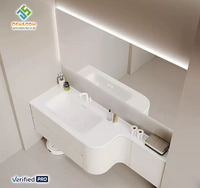 Meubles de salle de bain modernes en bois grainé et cuivre OEM 2025, ensembles de coiffeuse avec miroir, lavabo, robinet, montage mural, céramique, salle à manger