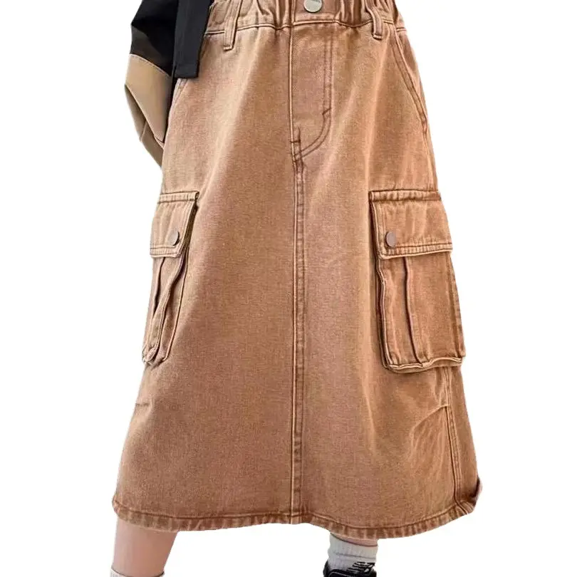 Youth Long Multipocket Utility Deep-Slit Maxi Cargo Skirt 3-15 YRS Girls Cargo Denim skirt maxi dress
