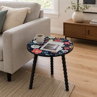 Table basse ronde à motif mandala avec pieds en spirale, pieds en bois massif torsadés détachables, table d'appoint pour salon