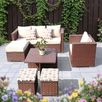 Ensemble de canapé d'angle 6 places en rotin PE marron moderne résistant aux UV, mobilier de salon extérieur, table basse, ottomanes, jardin, patio