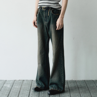 Jean baggy bootcut tendance 2026 pour homme, délavé effet vieilli, bleu, taille haute, pour usage quotidien