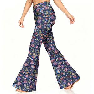 Pantalones <span class=keywords><strong>de</strong></span> yoga acampanados <span class=keywords><strong>de</strong></span> cintura alta para mujer al por mayor, leggings retro con estampado floral francés, pantalón botánico barroco azul marino - Product Image 1
