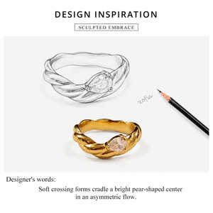 Pear Cubic Zirconia Twist <b>Ring</b> <b>Stainless</b> <b>Steel</b> 14K Gold Vacuum Plated Organic Sculptural Statement Jewelry - Product Image 5