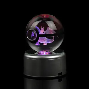 Factory Direct Sell 50mm 80mm 3d Laser Engraving Custom Decor Led Light Crystal Poke Ball Crystal Glass Ball With Led Base