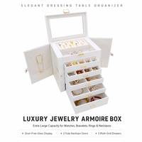 Boîte de rangement pour bijoux en cuir PU blanc sur mesure avec fenêtre en verre transparent, 5 tiroirs, 2 portes latérales, organiseur pour colliers