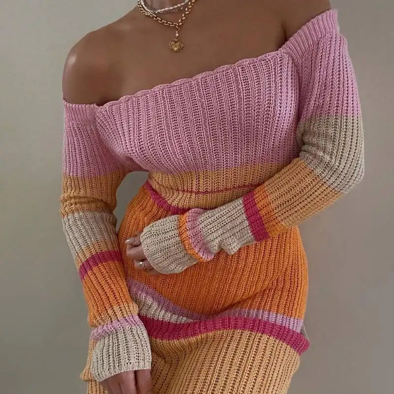 Off Shoulder Sweater Dress Hollow Out Beach Long Sleeve Contrast Color Knitted Striped Maxi Dress Women