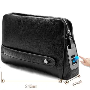 Unique Anti Theft Fingerprint Lock Business Man Zipper Leather Bags Clutch Purse Handbags