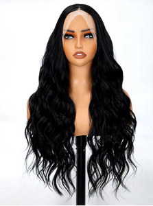 Perruque synthétique à double trame, à l'avant en dentelle, noire, longue, lisse/ondulée, <span class=keywords><strong>avec</strong></span> raie libre, raie au milieu, sans <span class=keywords><strong>frange</strong></span>, résistante à la chaleur, vente en gros - Product Image 3