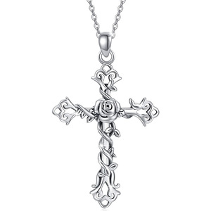 Collana con Ciondolo a Croce in Argento 925 Placcato Rodio, Gioiello Religioso Cristiano Unisex con Catena a Maglia - Product Image 1